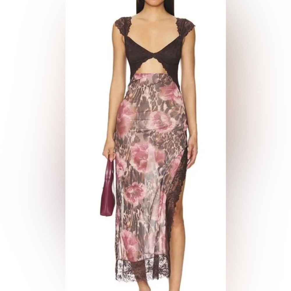 Free People Suddenly Fine Floral Sheer Print with Brown Lace Cutout Lingerie